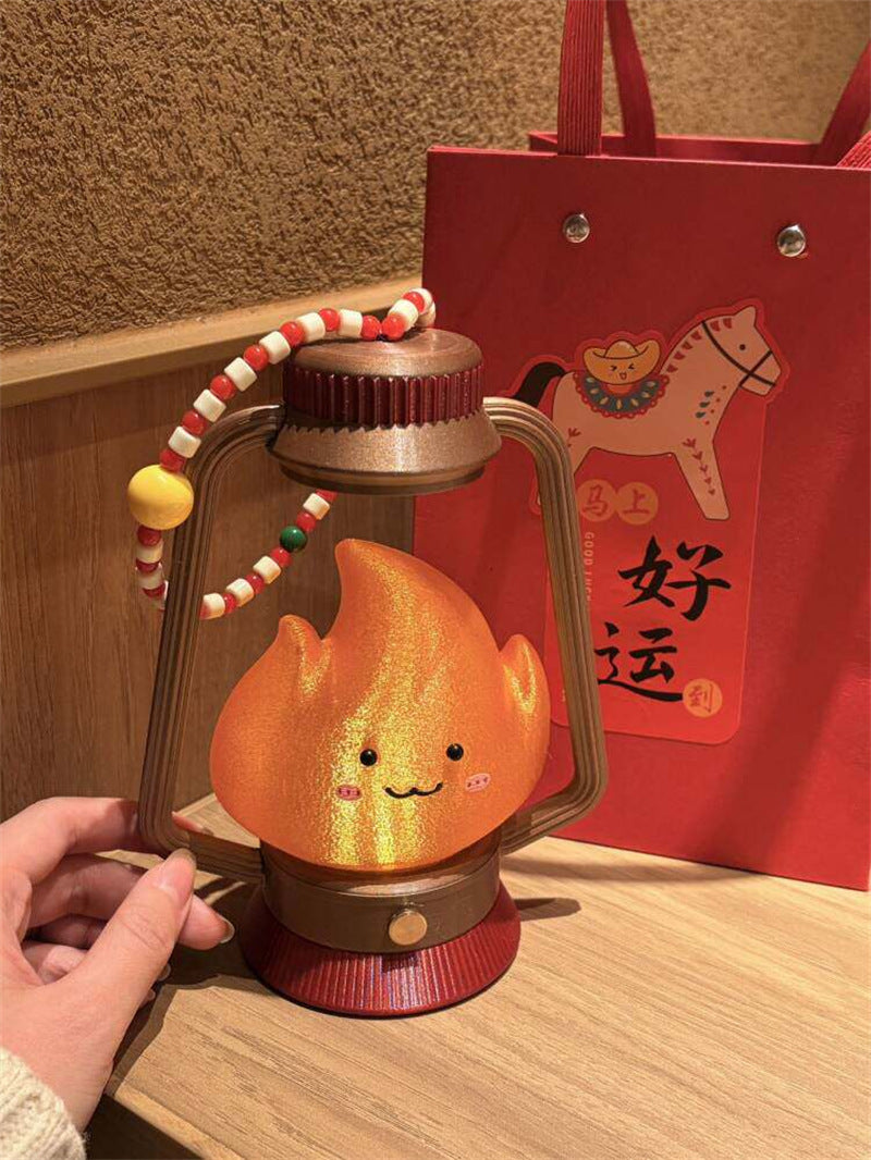 Cute Flame Character Retro Lantern Night Light - Rechargeable Mood Lamp for Bedroom & Camping