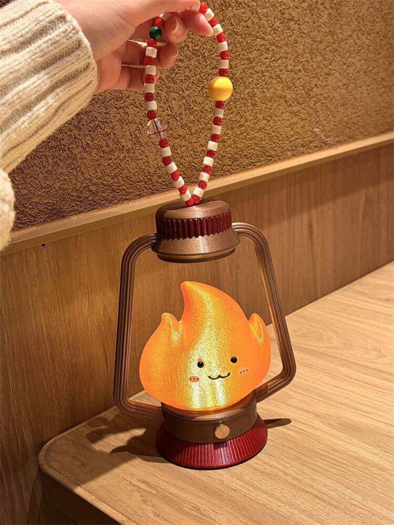 Cute Flame Character Retro Lantern Night Light - Rechargeable Mood Lamp for Bedroom & Camping