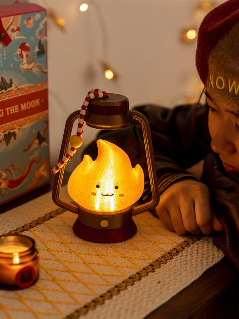 Cute Flame Character Retro Lantern Night Light - Rechargeable Mood Lamp for Bedroom & Camping