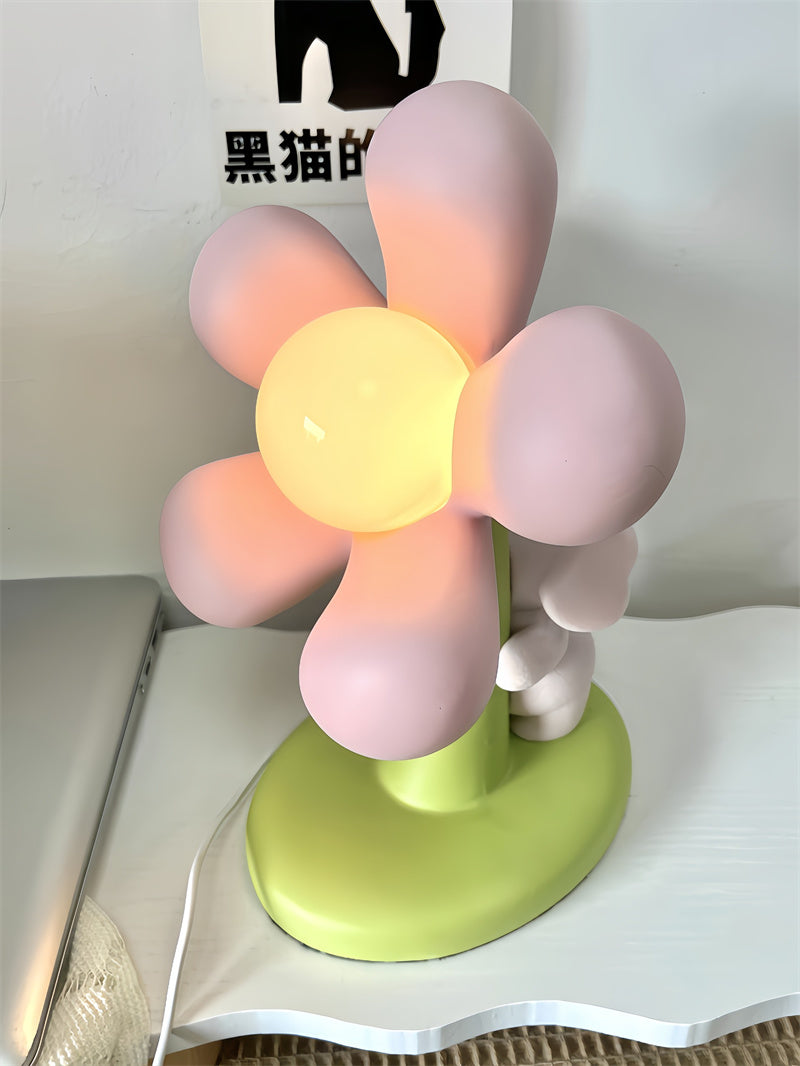 Cute Flower-Shaped Decor Table Lamp with Animal Accent - Soft Light Desk Lamp for Bedrooms & Kids Rooms
