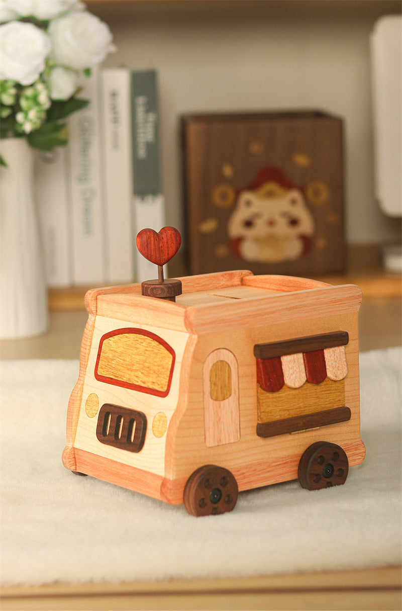 Cute Food Truck Wooden Piggy Bank, Hand‑crafted Solid Wood Money Saving Box with Heart Ornament, Kids Room Decor