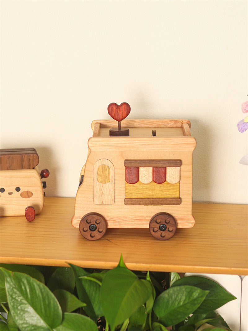 Cute Food Truck Wooden Piggy Bank, Hand‑crafted Solid Wood Money Saving Box with Heart Ornament, Kids Room Decor