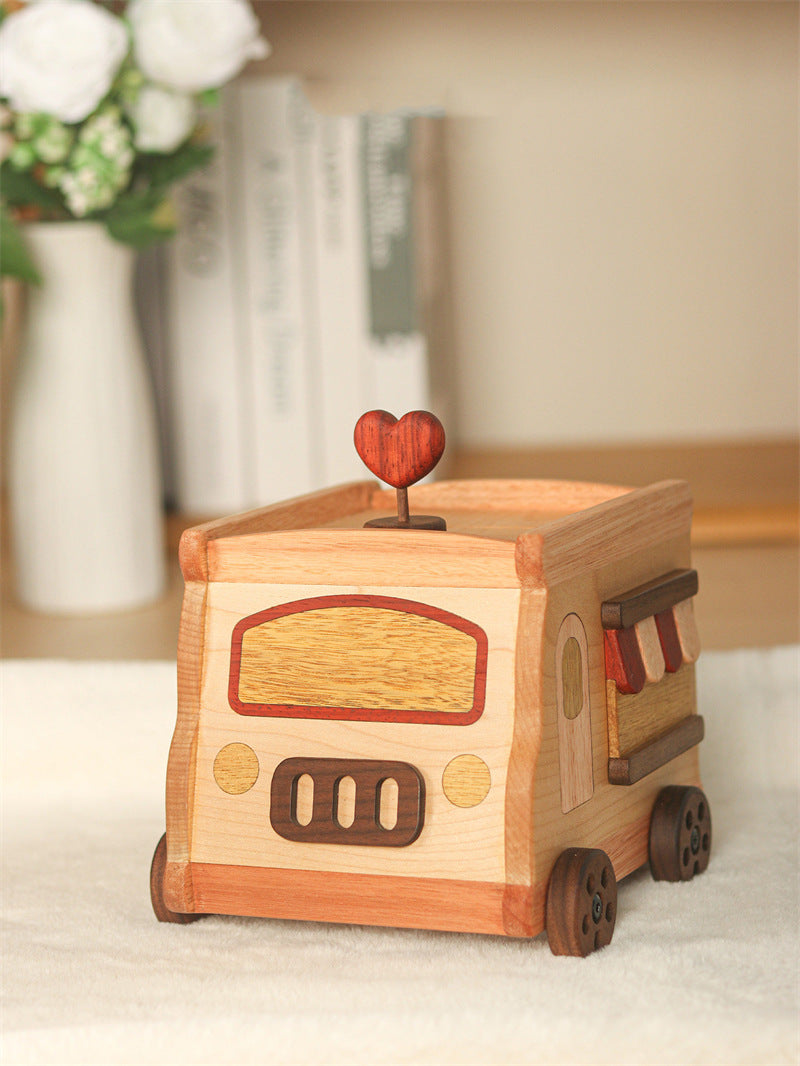 Cute Food Truck Wooden Piggy Bank, Hand‑crafted Solid Wood Money Saving Box with Heart Ornament, Kids Room Decor