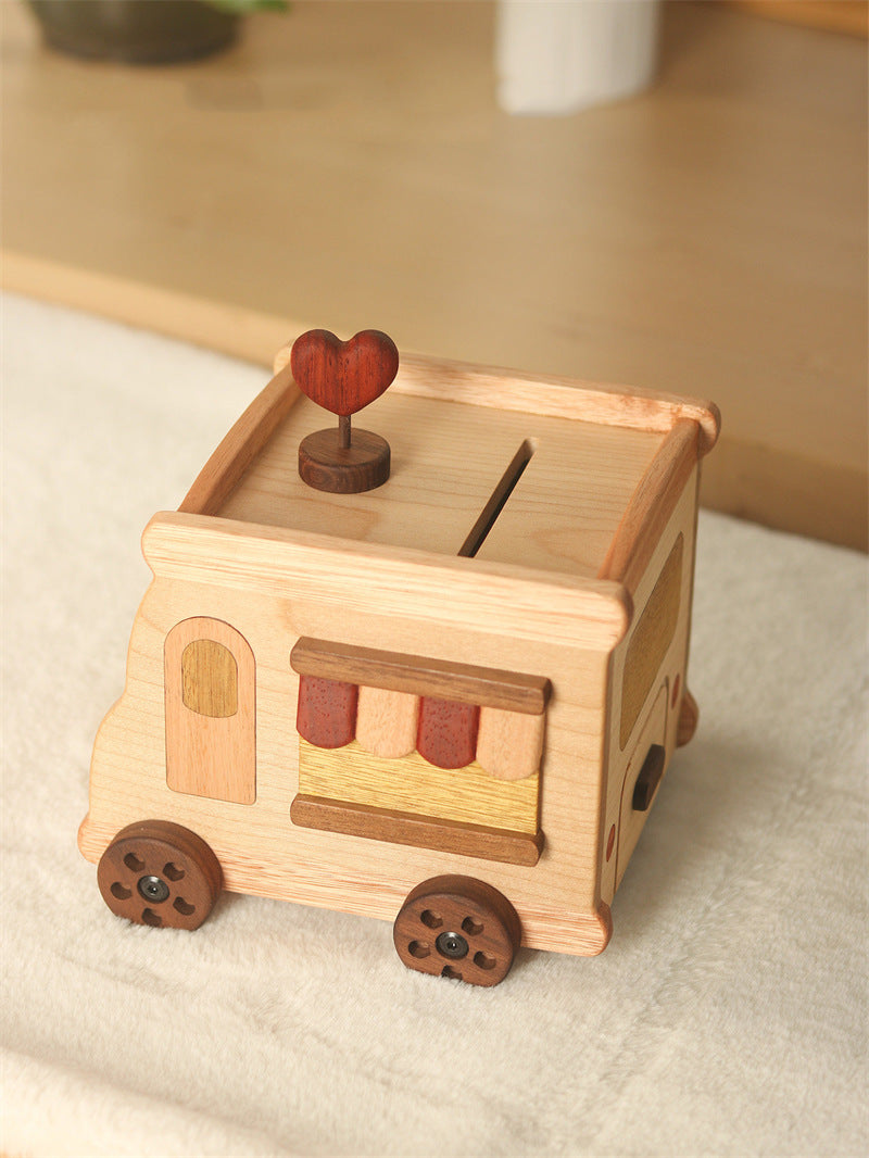 Cute Food Truck Wooden Piggy Bank, Hand‑crafted Solid Wood Money Saving Box with Heart Ornament, Kids Room Decor