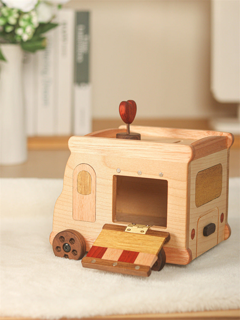 Cute Food Truck Wooden Piggy Bank, Hand‑crafted Solid Wood Money Saving Box with Heart Ornament, Kids Room Decor