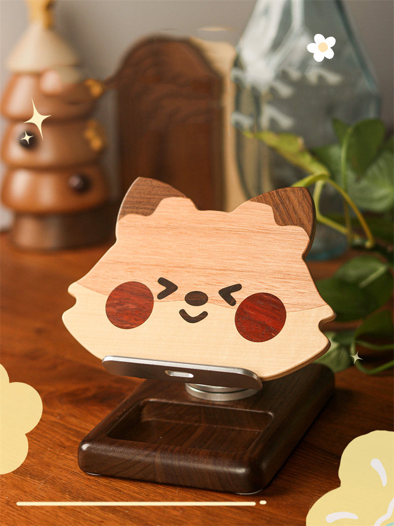 Cute Fox Rotating Wooden Phone & Tablet Stand - Adjustable Angle Desktop Holder