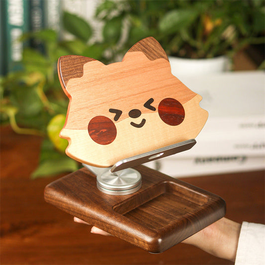 Cute Fox Rotating Wooden Phone & Tablet Stand - Adjustable Angle Desktop Holder