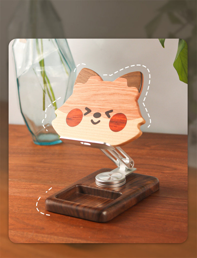 Cute Fox Rotating Wooden Phone & Tablet Stand - Adjustable Angle Desktop Holder
