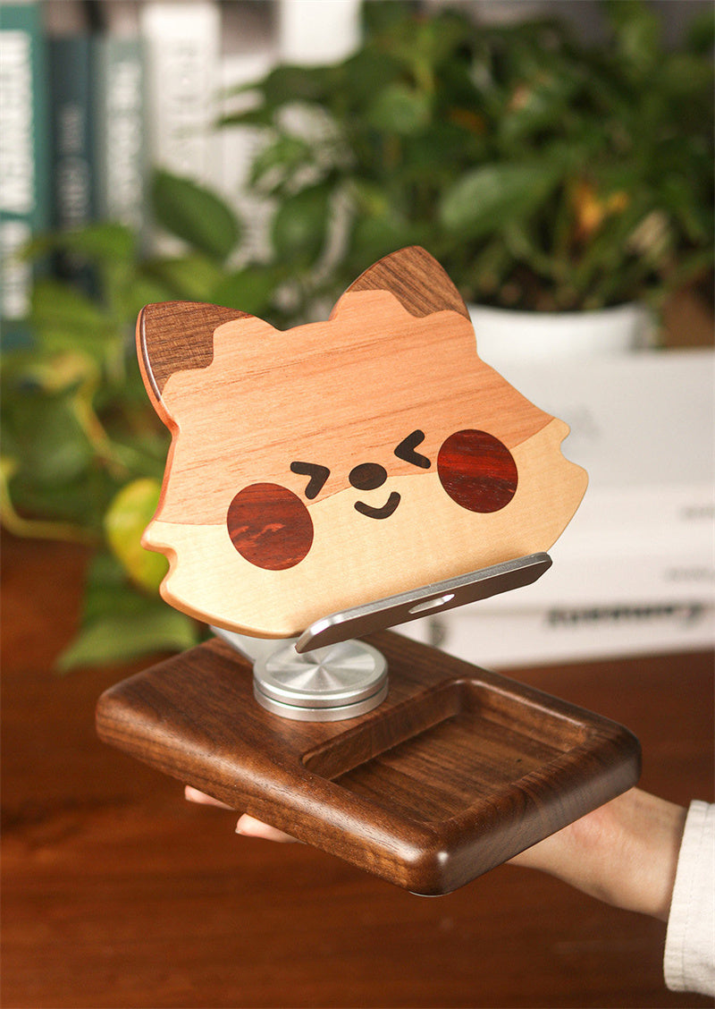 Cute Fox Rotating Wooden Phone & Tablet Stand - Adjustable Angle Desktop Holder