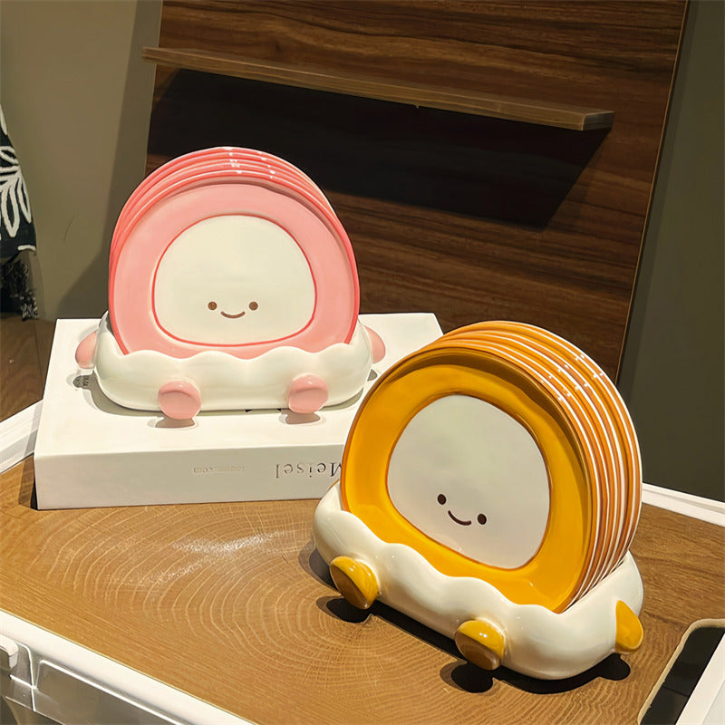 Cute Fried Egg Shaped Ceramic Plate with Egg Shell Storage Rack, Kitchen Decorative Dish , Novelty Table Decor Gift