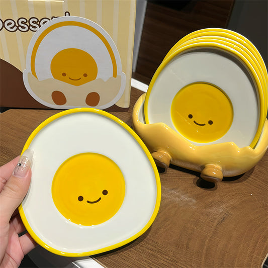 Cute Fried Egg Shaped Ceramic Plate with Egg Shell Storage Rack, Kitchen Decorative Dish , Novelty Table Decor Gift