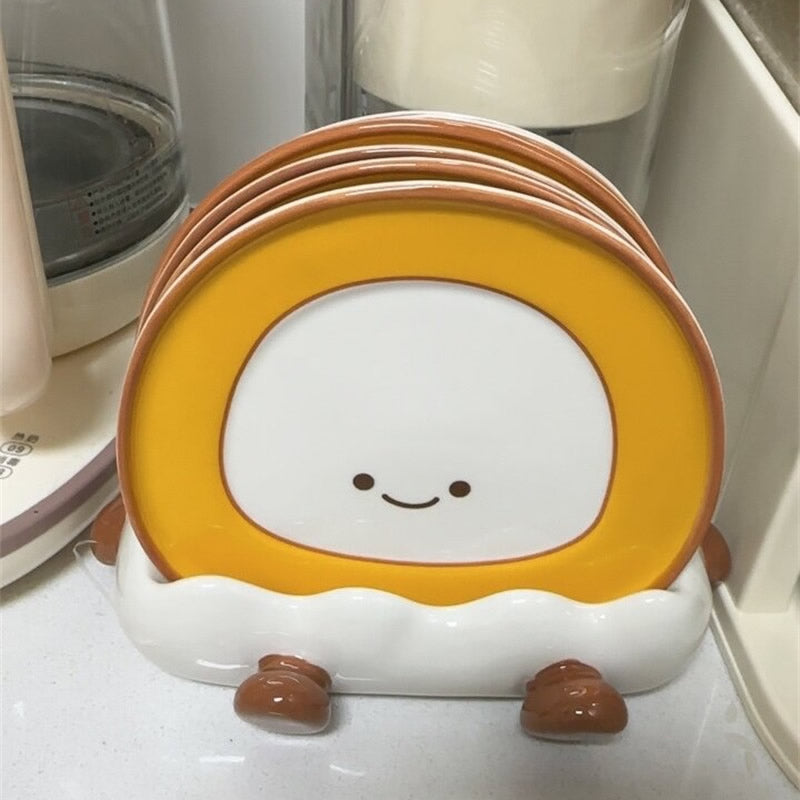 Cute Fried Egg Shaped Ceramic Plate with Egg Shell Storage Rack, Kitchen Decorative Dish , Novelty Table Decor Gift