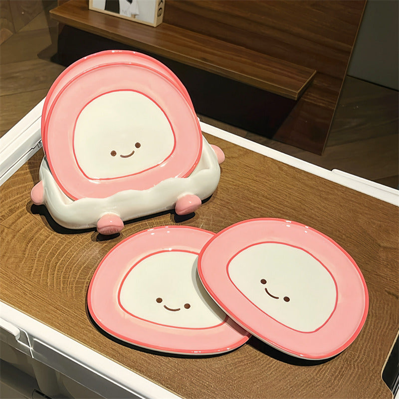 Cute Fried Egg Shaped Ceramic Plate with Egg Shell Storage Rack, Kitchen Decorative Dish , Novelty Table Decor Gift