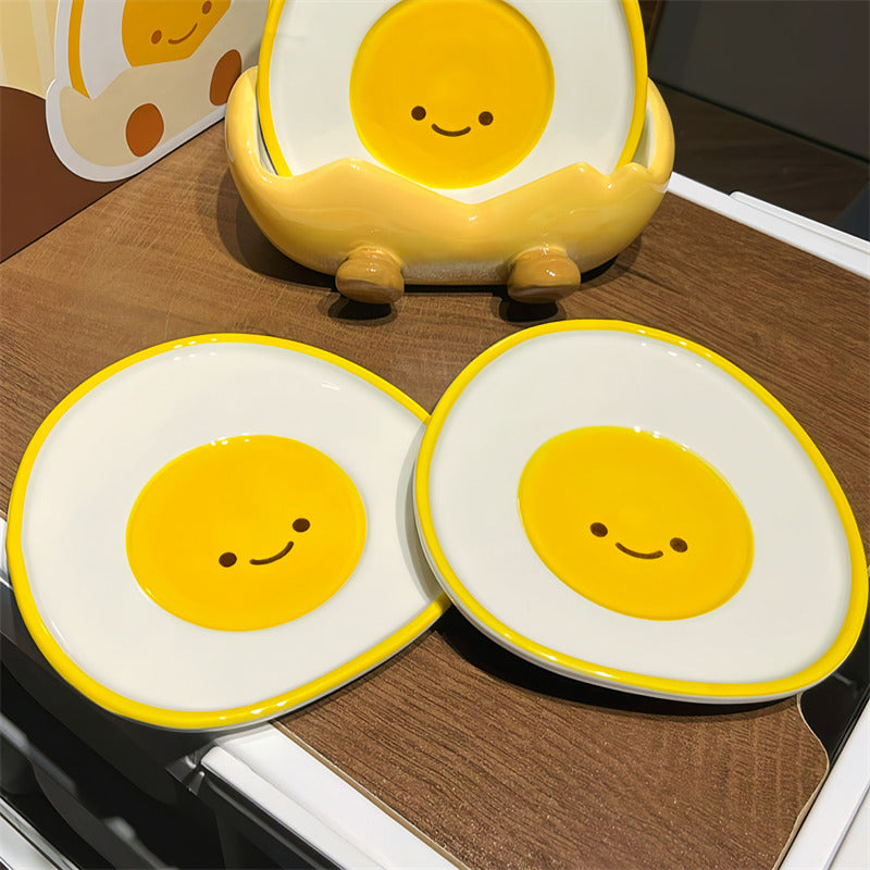 Cute Fried Egg Shaped Ceramic Plate with Egg Shell Storage Rack, Kitchen Decorative Dish , Novelty Table Decor Gift
