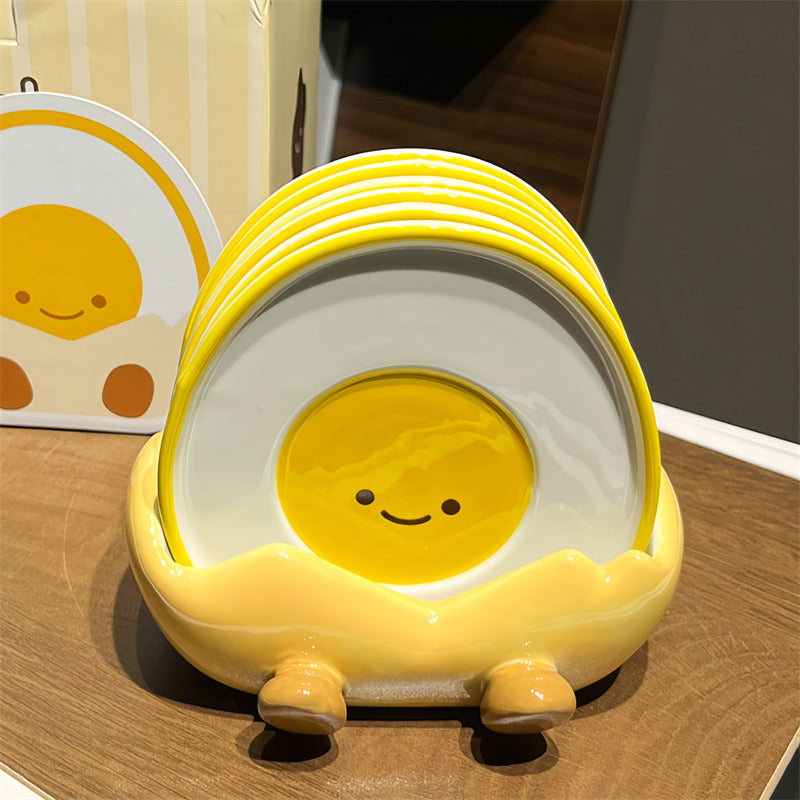 Cute Fried Egg Shaped Ceramic Plate with Egg Shell Storage Rack, Kitchen Decorative Dish , Novelty Table Decor Gift