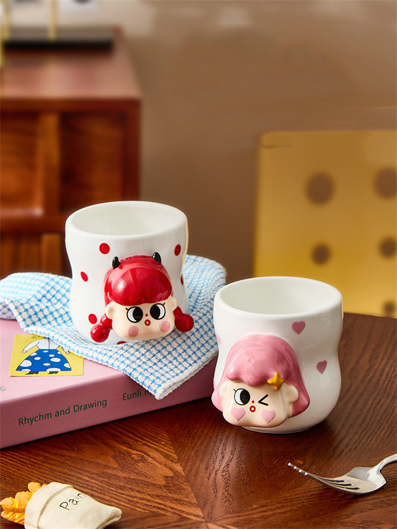 Cute Girl Cartoon 3D Ceramic Mugs, Cute Coffee/Tea Cups for Gifting