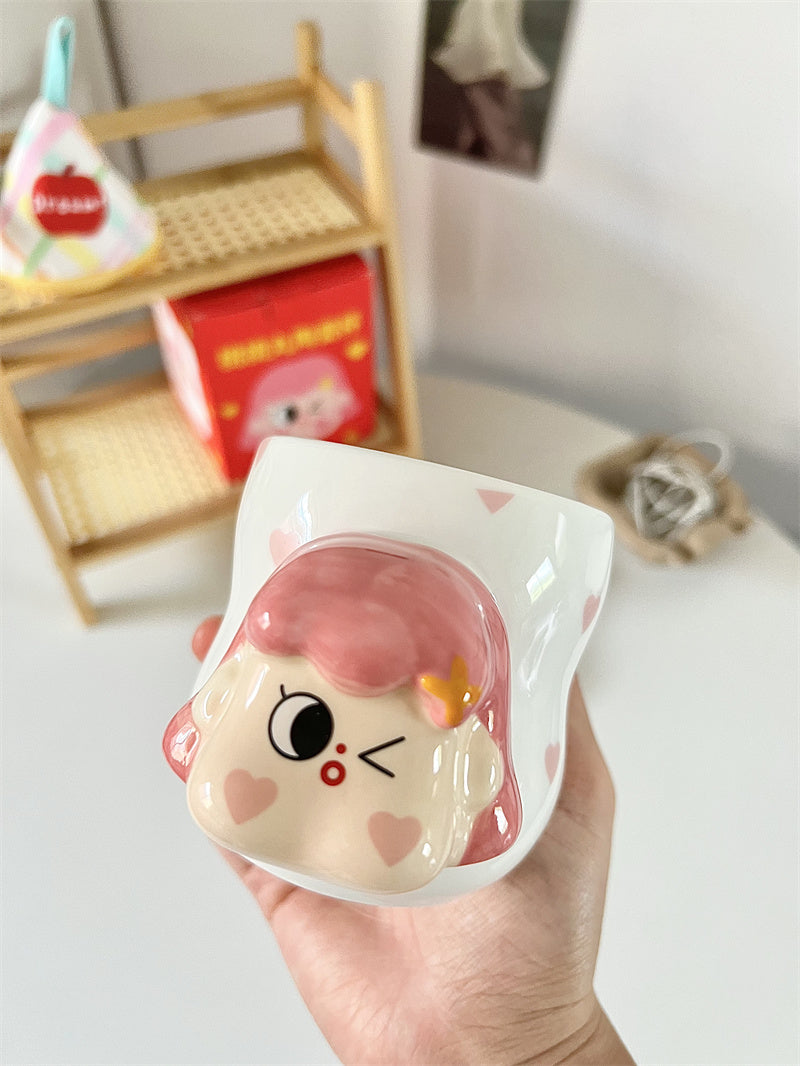 Cute Girl Cartoon 3D Ceramic Mugs, Cute Coffee/Tea Cups for Gifting