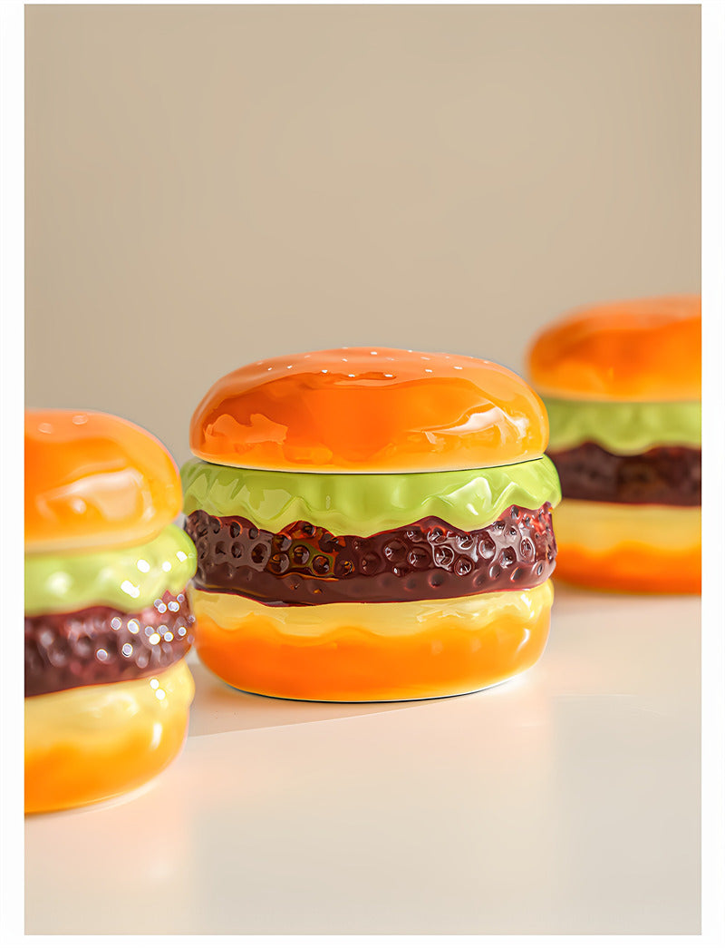 Cute Hamburger Shaped Ceramic Spice Jar Set, Mini Burger Condiment Storage Pots , Novelty Kitchen Seasoning Canister Decor, Fun Housewarming Gift