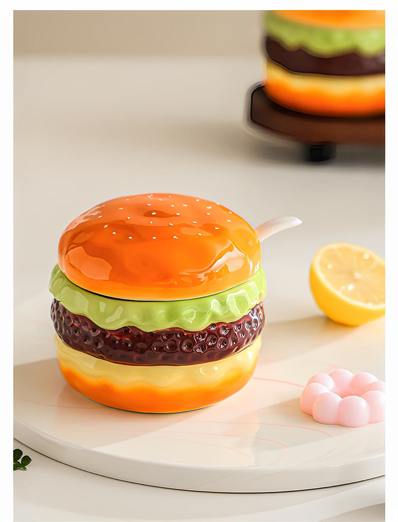 Cute Hamburger Shaped Ceramic Spice Jar Set, Mini Burger Condiment Storage Pots , Novelty Kitchen Seasoning Canister Decor, Fun Housewarming Gift