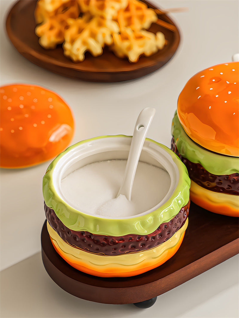 Cute Hamburger Shaped Ceramic Spice Jar Set, Mini Burger Condiment Storage Pots , Novelty Kitchen Seasoning Canister Decor, Fun Housewarming Gift
