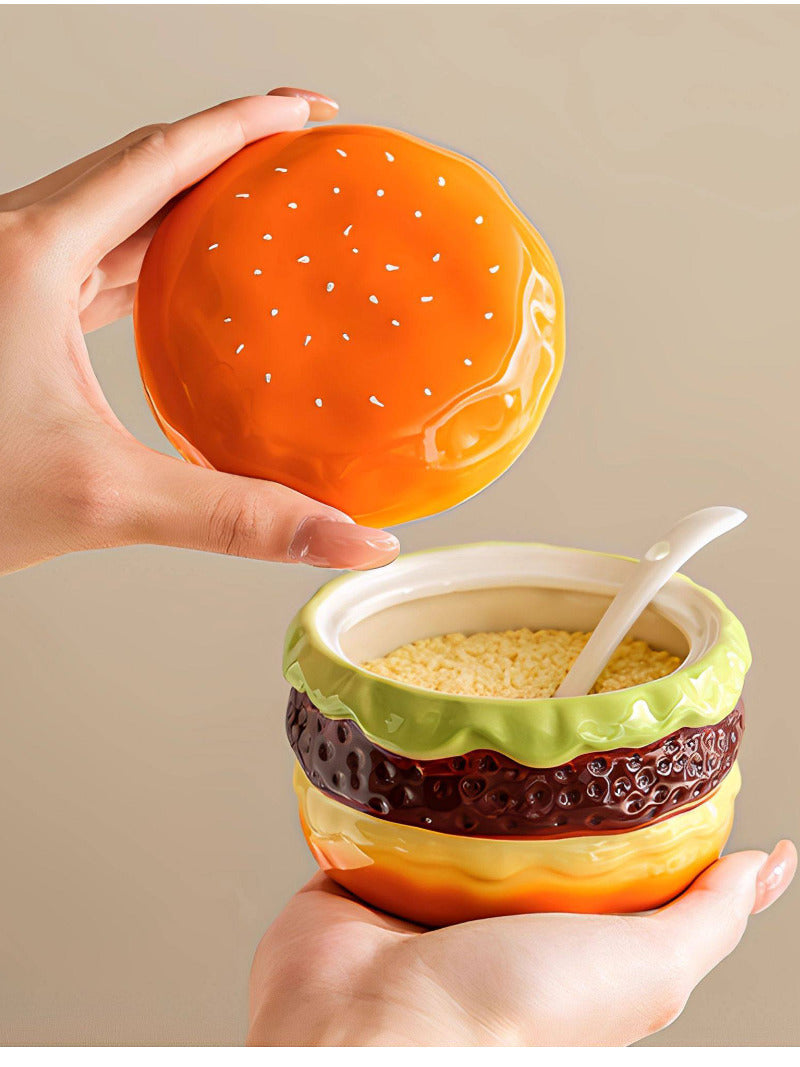 Cute Hamburger Shaped Ceramic Spice Jar Set, Mini Burger Condiment Storage Pots , Novelty Kitchen Seasoning Canister Decor, Fun Housewarming Gift
