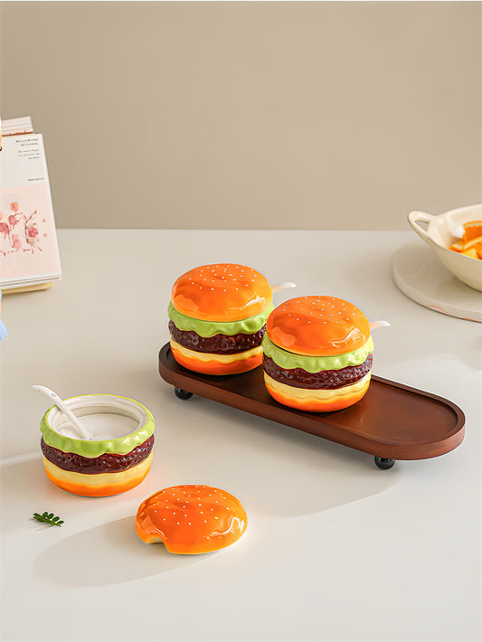 Cute Hamburger Shaped Ceramic Spice Jar Set, Mini Burger Condiment Storage Pots , Novelty Kitchen Seasoning Canister Decor, Fun Housewarming Gift
