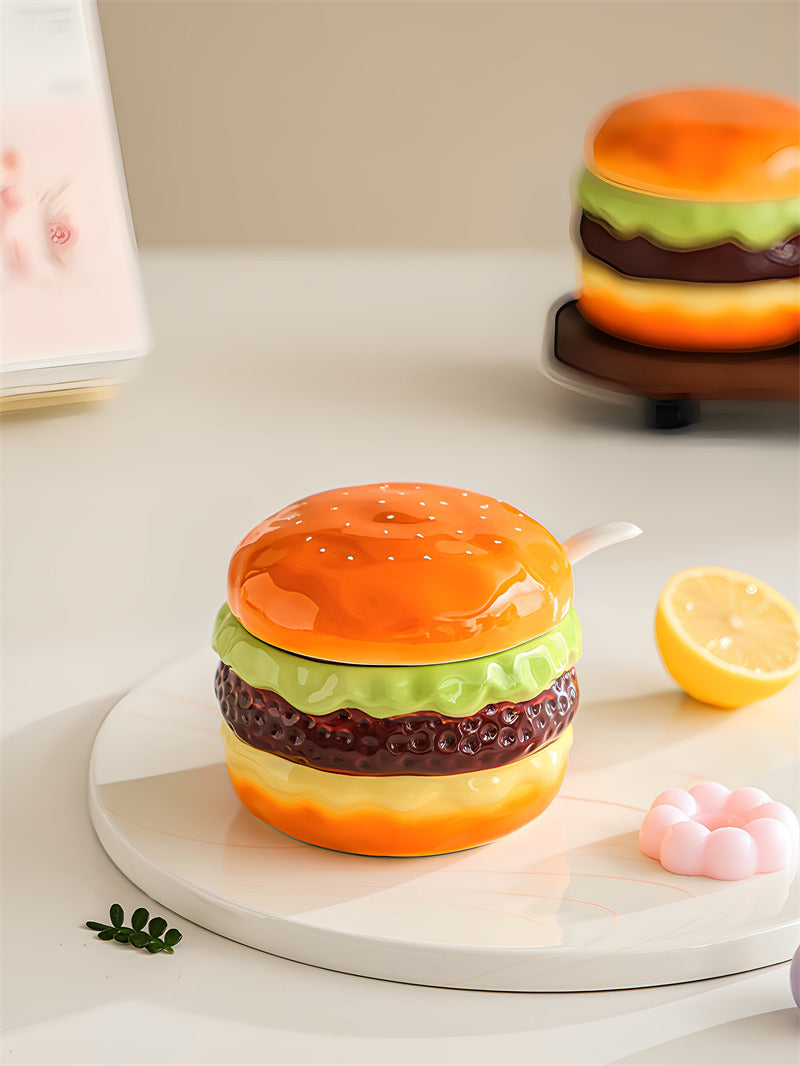 Cute Hamburger Shaped Ceramic Spice Jar Set, Mini Burger Condiment Storage Pots , Novelty Kitchen Seasoning Canister Decor, Fun Housewarming Gift
