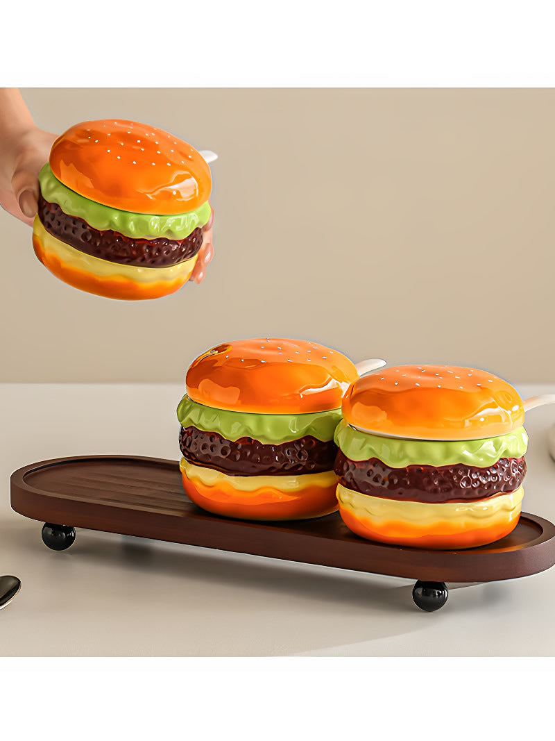Cute Hamburger Shaped Ceramic Spice Jar Set, Mini Burger Condiment Storage Pots , Novelty Kitchen Seasoning Canister Decor, Fun Housewarming Gift