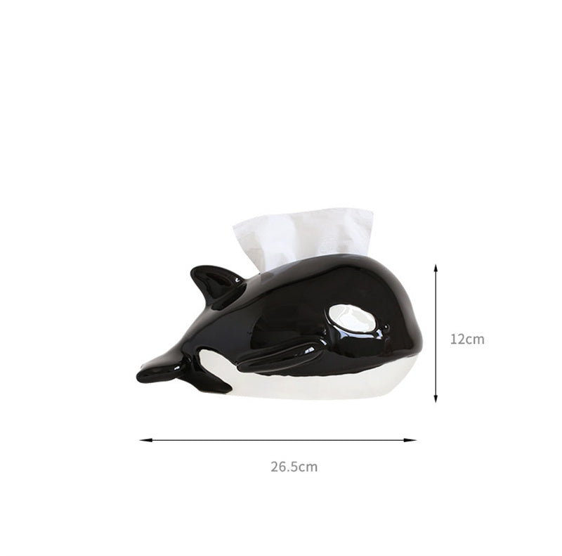 Cute Killer Whale Ceramic Tissue Box,Glossy Black & White Orca Napkin Dispenser Holder, Unique Marine Themed Home Gift