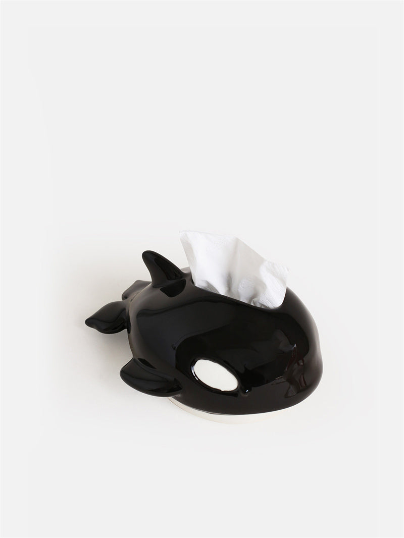 Cute Killer Whale Ceramic Tissue Box,Glossy Black & White Orca Napkin Dispenser Holder, Unique Marine Themed Home Gift