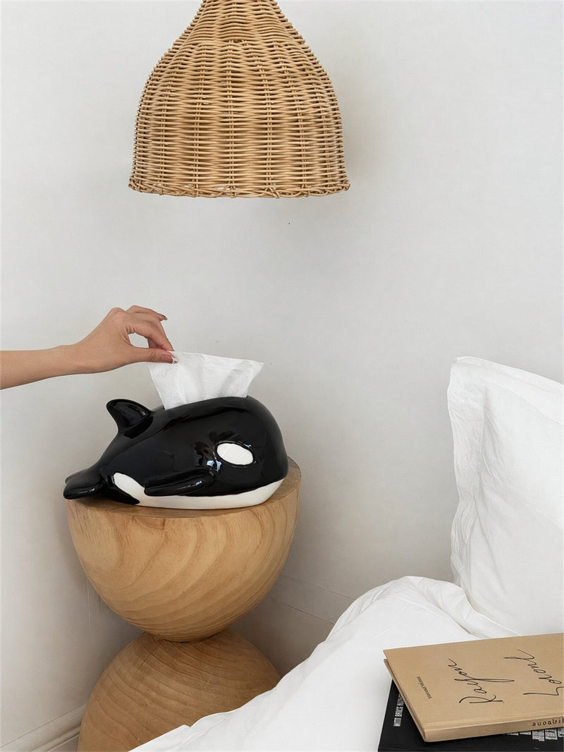 Cute Killer Whale Ceramic Tissue Box,Glossy Black & White Orca Napkin Dispenser Holder, Unique Marine Themed Home Gift