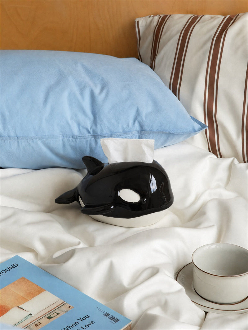 Cute Killer Whale Ceramic Tissue Box,Glossy Black & White Orca Napkin Dispenser Holder, Unique Marine Themed Home Gift