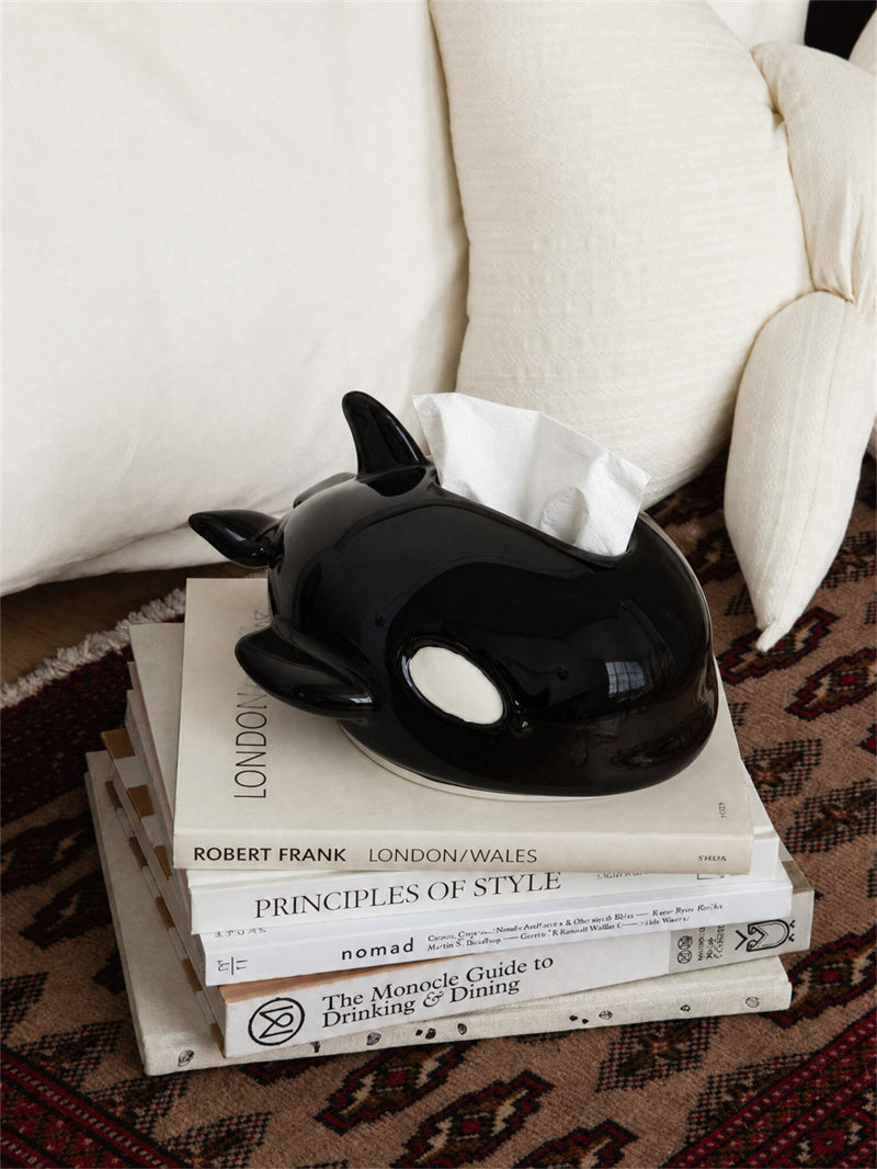 Cute Killer Whale Ceramic Tissue Box,Glossy Black & White Orca Napkin Dispenser Holder, Unique Marine Themed Home Gift