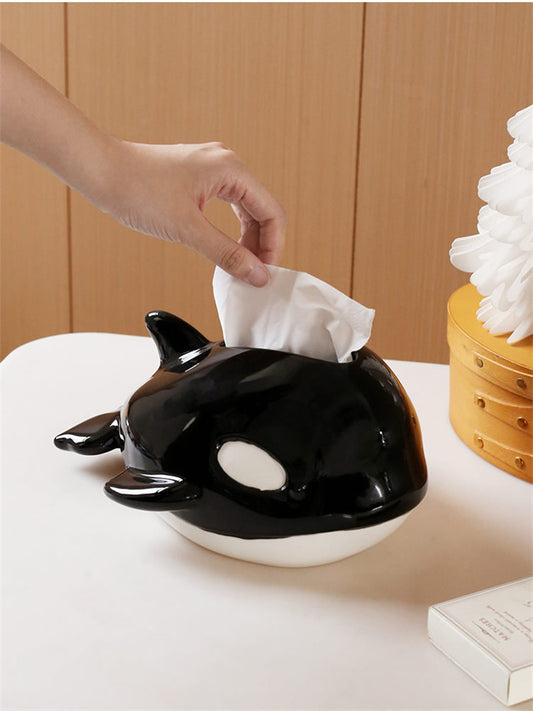 Cute Killer Whale Ceramic Tissue Box,Glossy Black & White Orca Napkin Dispenser Holder, Unique Marine Themed Home Gift
