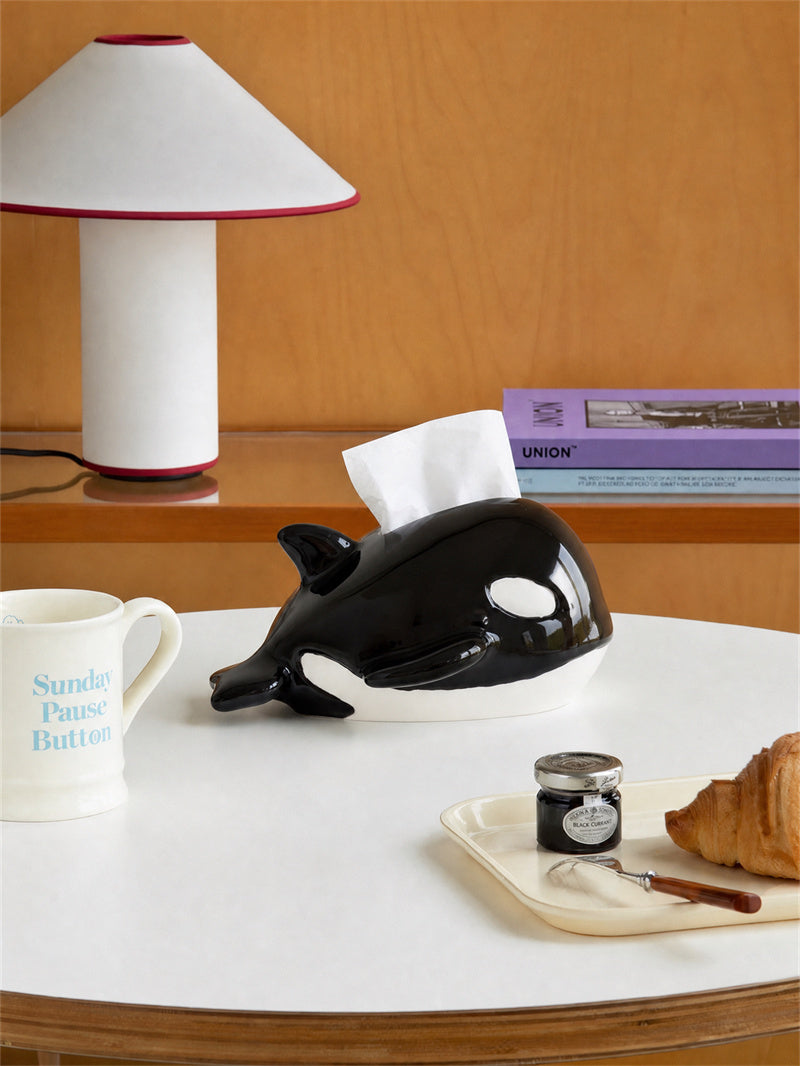 Cute Killer Whale Ceramic Tissue Box,Glossy Black & White Orca Napkin Dispenser Holder, Unique Marine Themed Home Gift