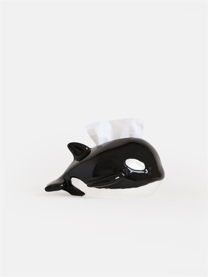Cute Killer Whale Ceramic Tissue Box,Glossy Black & White Orca Napkin Dispenser Holder, Unique Marine Themed Home Gift