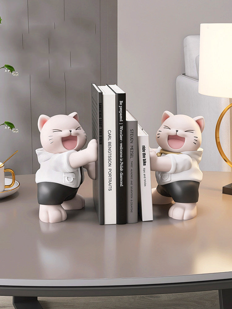 Cute Laughing Cat Resin Bookends Heavy Duty Book Stoppers for Home Office Decor Gift