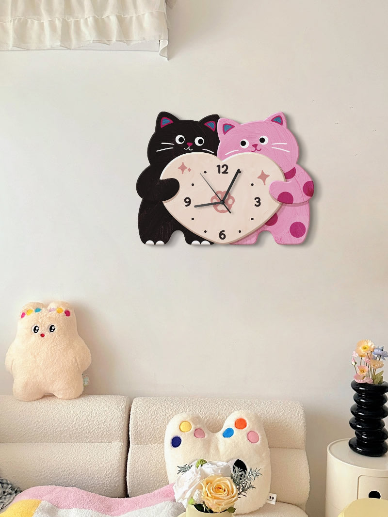 Cute Love Couple Cat Home Decor Wall Clock, Children's Room Decorative Gift