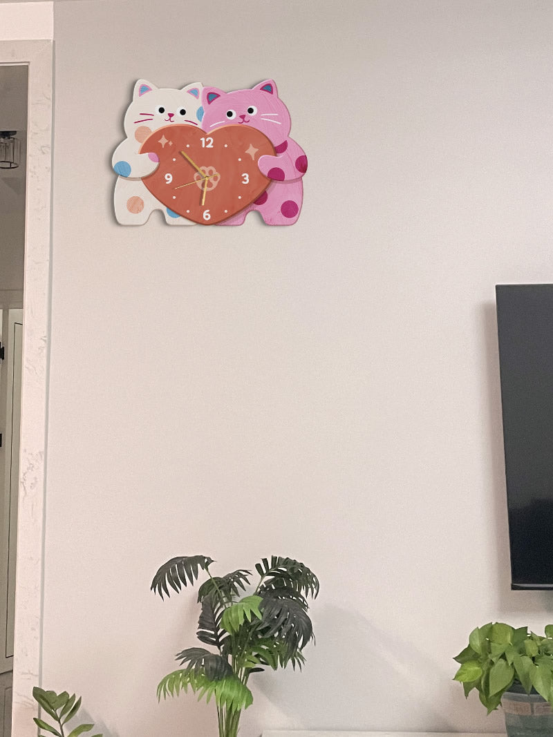 Cute Love Couple Cat Home Decor Wall Clock, Children's Room Decorative Gift