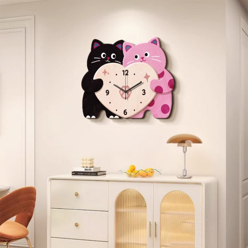 Cute Love Couple Cat Home Decor Wall Clock, Children's Room Decorative Gift