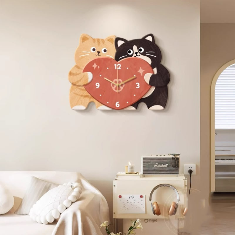 Cute Love Couple Cat Home Decor Wall Clock, Children's Room Decorative Gift