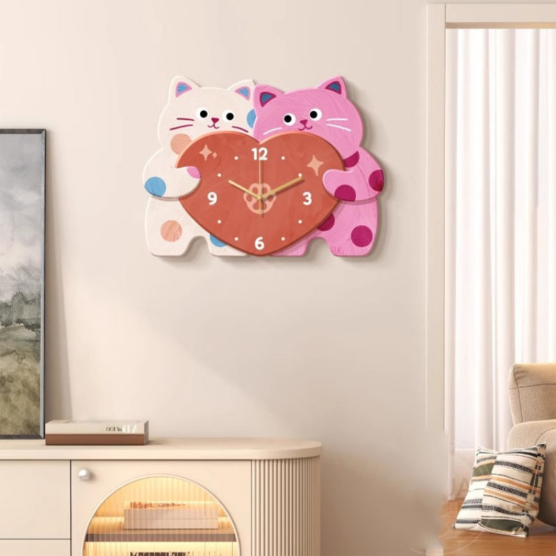 Cute Love Couple Cat Home Decor Wall Clock, Children's Room Decorative Gift