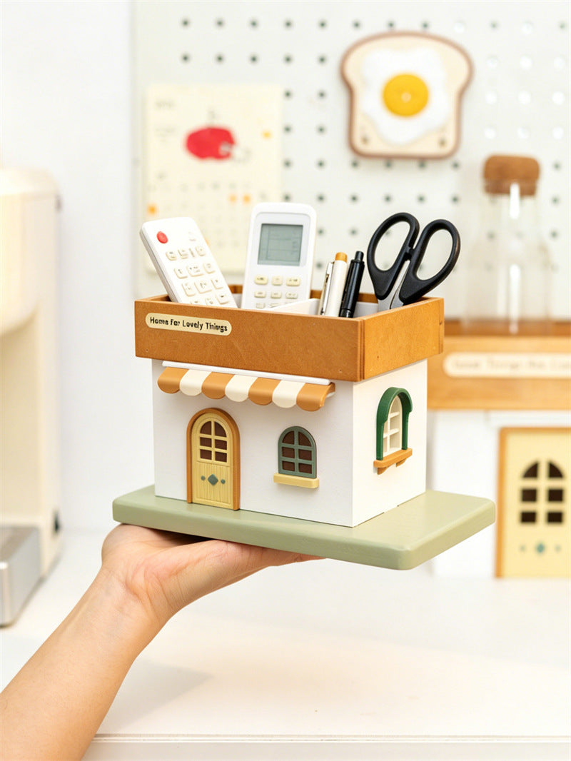 Cute Mini Cottage House Desk Organizer,  Kawaii Cartoon House Pen Remote Scissors Holder, Aesthetic Tabletop Decor, Unique Gift for Teen Girls & Office Workers