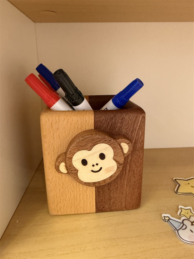 Cute Monkey Face Wooden Pen Holder, Square Solid Wood Desk Organizer, Animal‑Shaped Pencil Cup, Kawaii Office & Desktop Decor