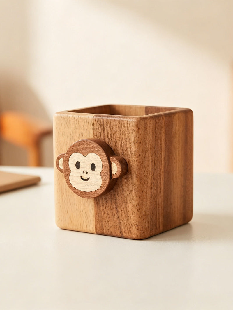 Cute Monkey Face Wooden Pen Holder, Square Solid Wood Desk Organizer, Animal‑Shaped Pencil Cup, Kawaii Office & Desktop Decor