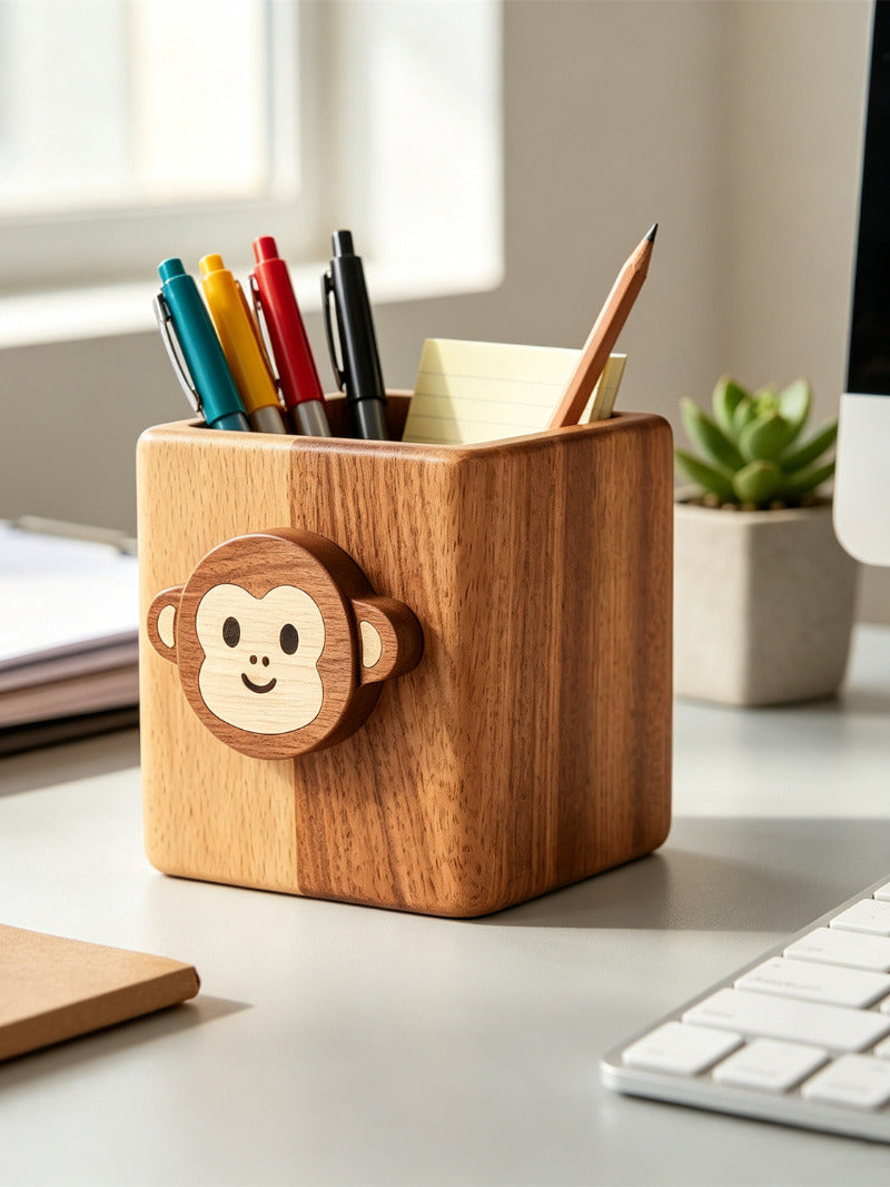 Cute Monkey Face Wooden Pen Holder, Square Solid Wood Desk Organizer, Animal‑Shaped Pencil Cup, Kawaii Office & Desktop Decor