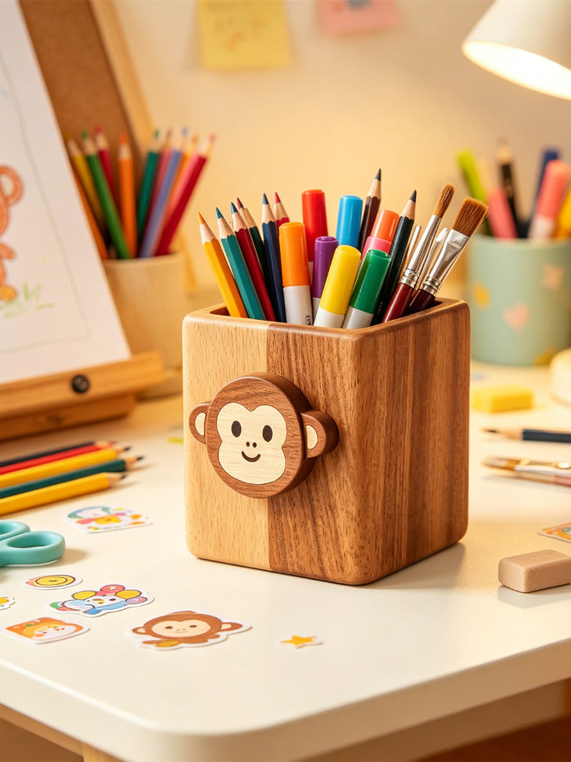 Cute Monkey Face Wooden Pen Holder, Square Solid Wood Desk Organizer, Animal‑Shaped Pencil Cup, Kawaii Office & Desktop Decor
