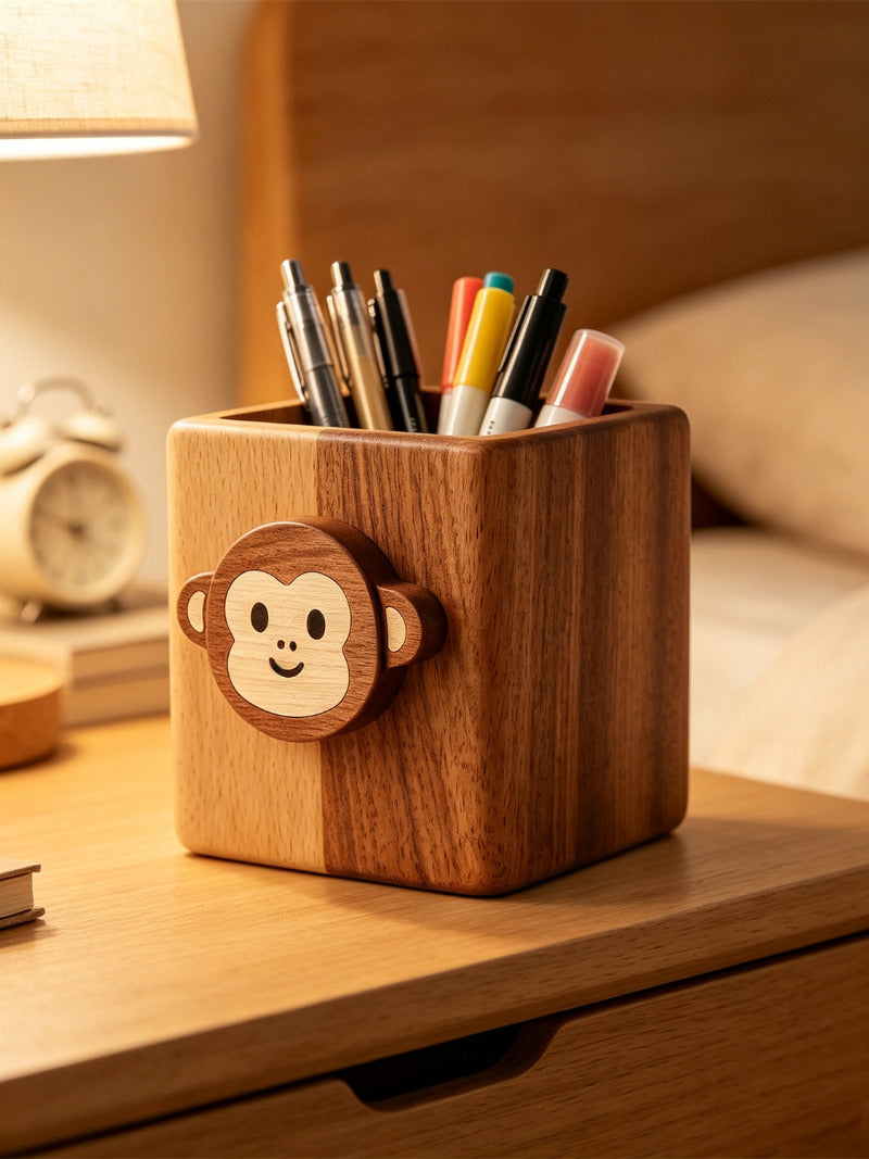 Cute Monkey Face Wooden Pen Holder, Square Solid Wood Desk Organizer, Animal‑Shaped Pencil Cup, Kawaii Office & Desktop Decor