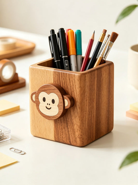 Cute Monkey Face Wooden Pen Holder, Square Solid Wood Desk Organizer, Animal‑Shaped Pencil Cup, Kawaii Office & Desktop Decor