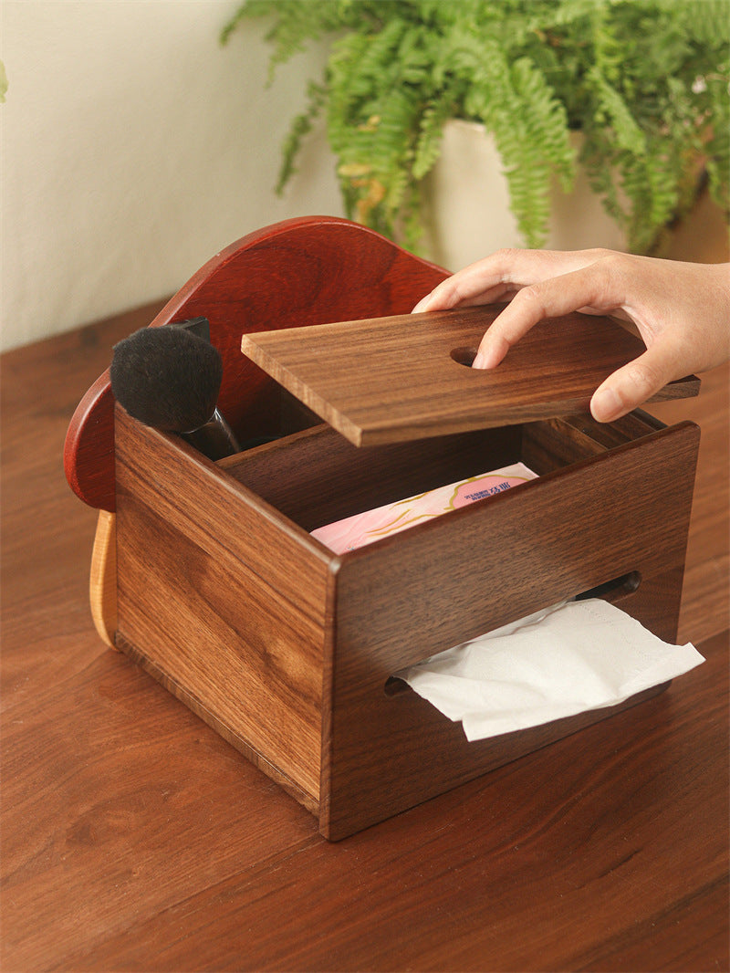 Cute Mushroom House Wooden Tissue Box, Multi‑Compartment Desktop Organizer with Open Storage Top, Whimsical Cottagecore Decor ﻿
